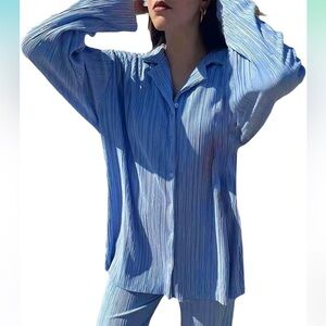 Blue button down coord set silky